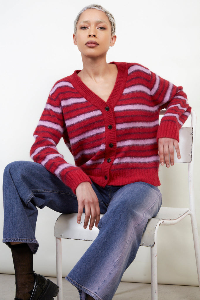 Red and pink striped alpaca wool blend cardigan_1
