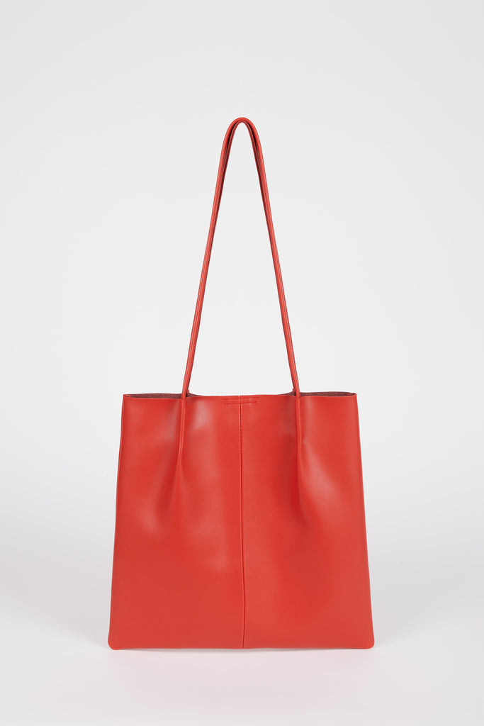 Red orange vegan leather pinched strap tote bag_1