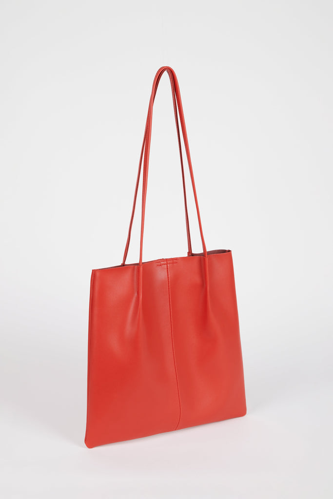 Red orange vegan leather pinched strap tote bag_2