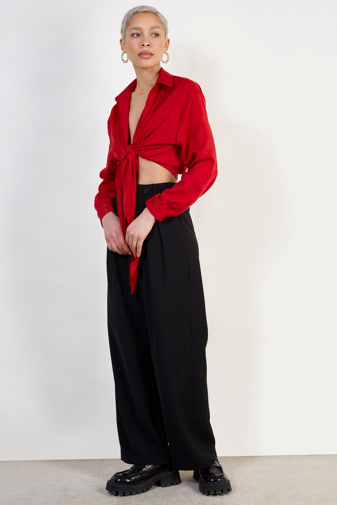 Red silky plunging tie front shirt_3