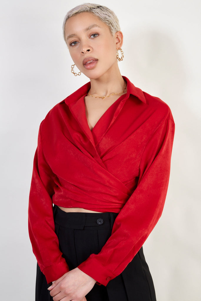 Red silky plunging tie front shirt_5