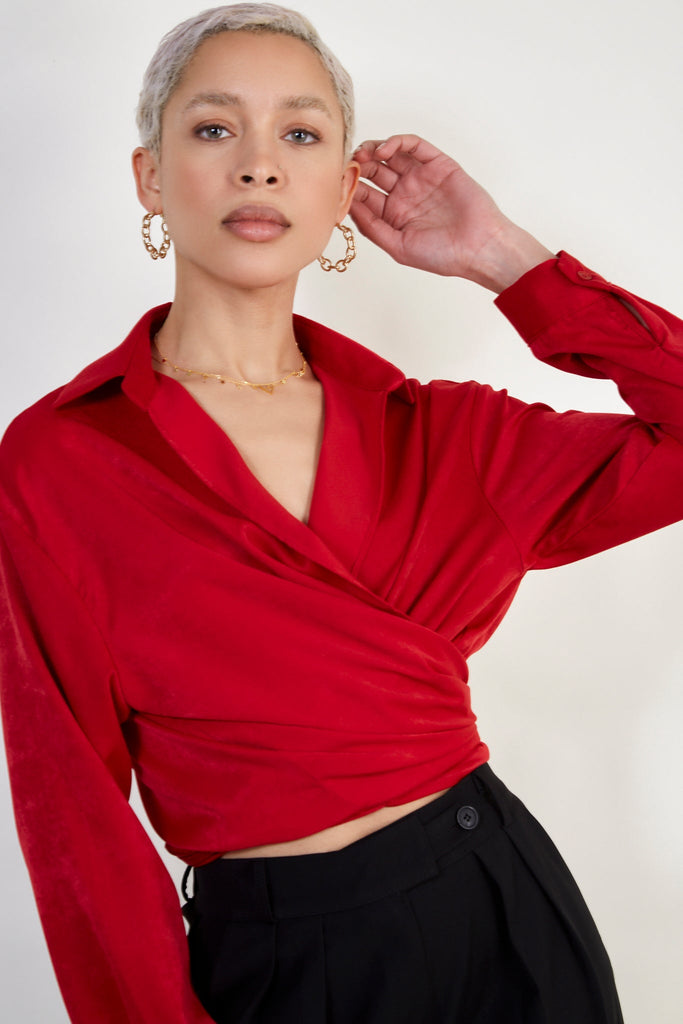 Red silky plunging tie front shirt_1