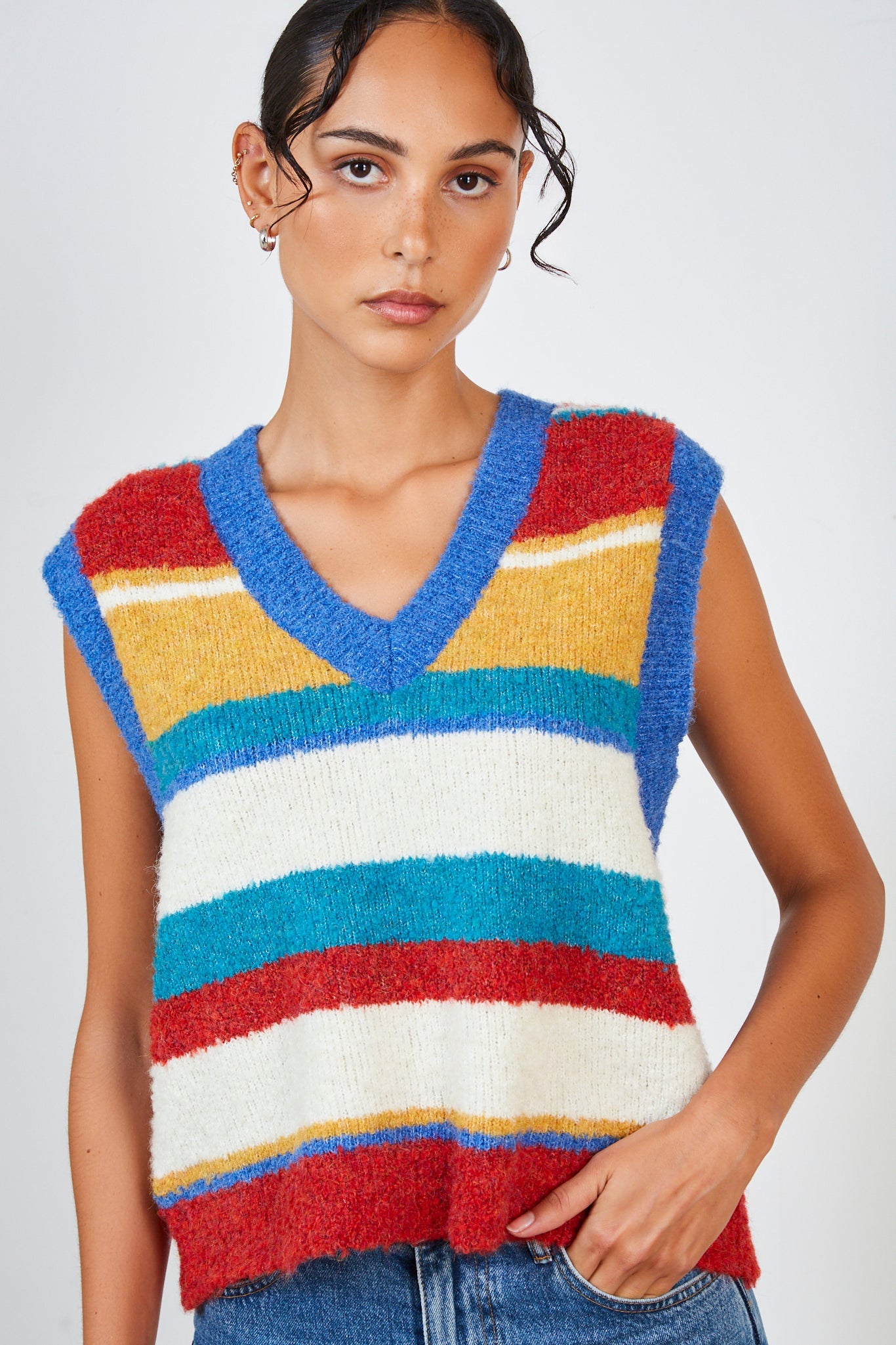 Red yellow green and blue block stripe sweater vest_1