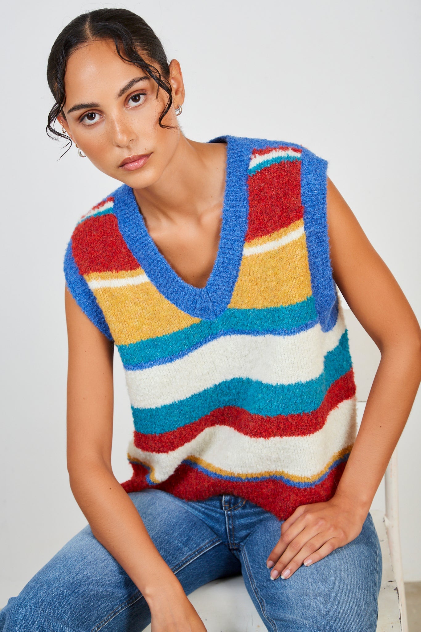 Red yellow green and blue block stripe sweater vest_5