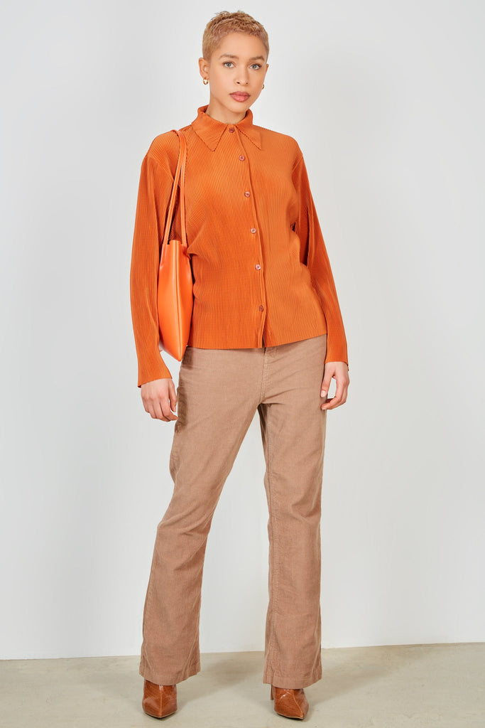 Rust orange micro pleated long sleeved shirt_3