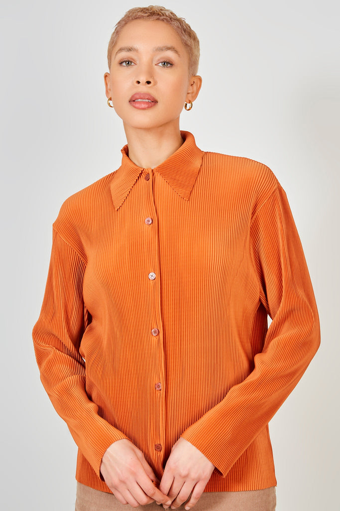 Rust orange micro pleated long sleeved shirt_1