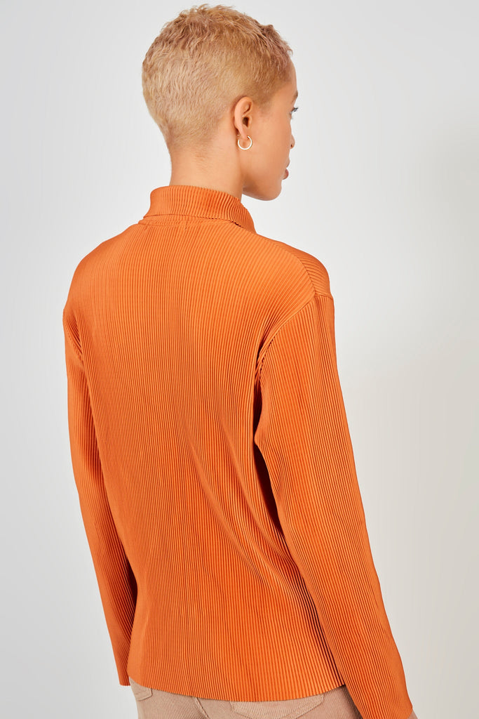 Rust orange micro pleated long sleeved shirt_2