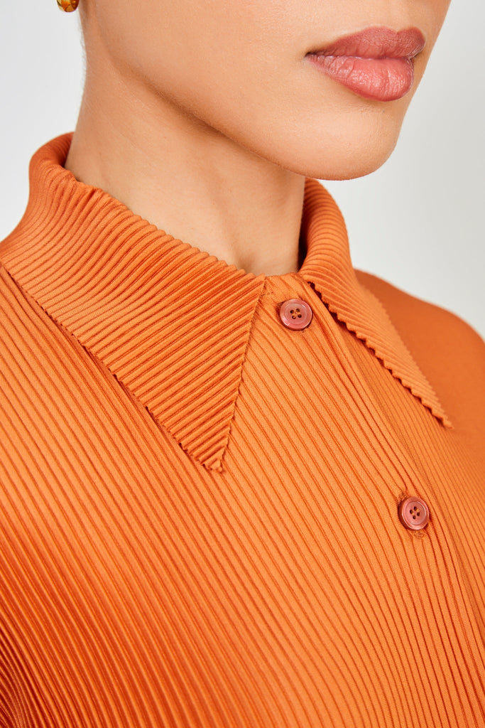 Rust orange micro pleated long sleeved shirt_4