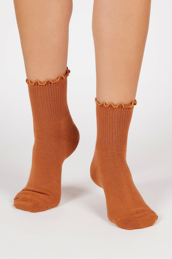 Rust orange ruffle trim socks_3