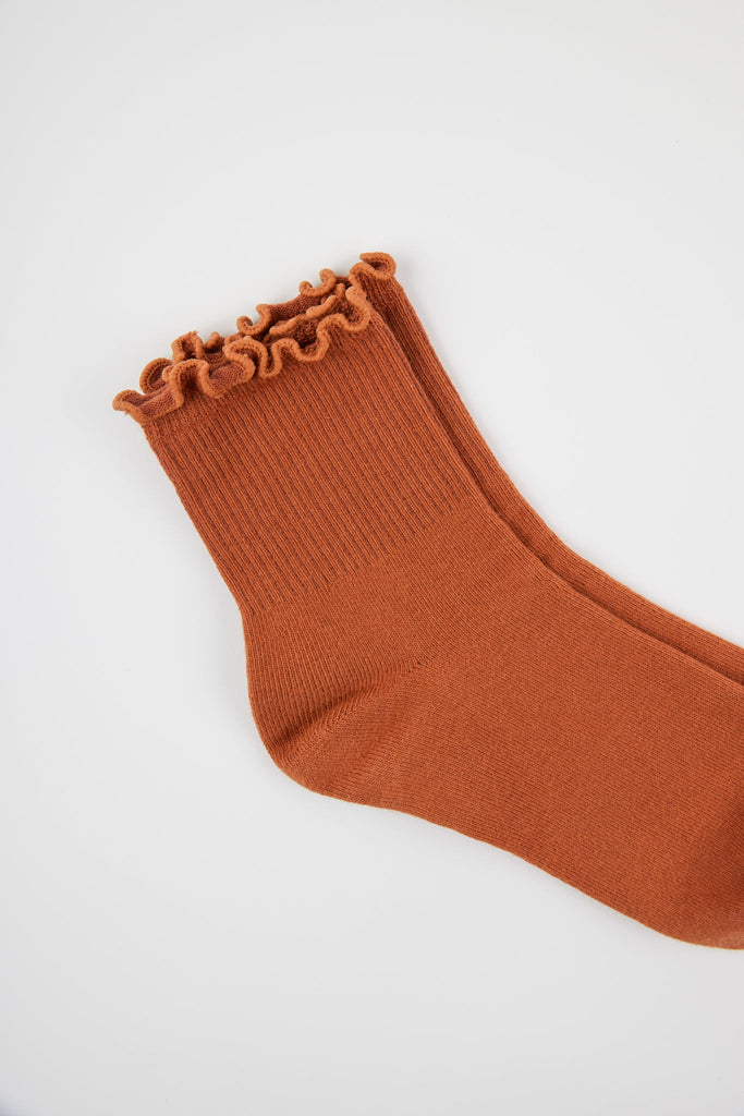 Rust orange ruffle trim socks_4