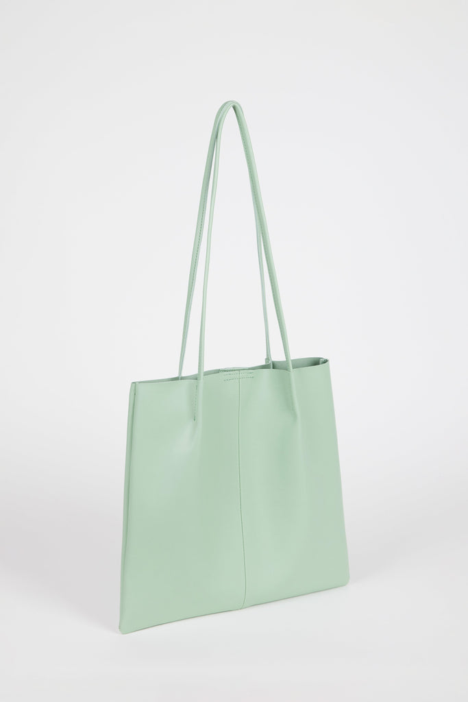 Sage green vegan leather pinched strap tote bag_3