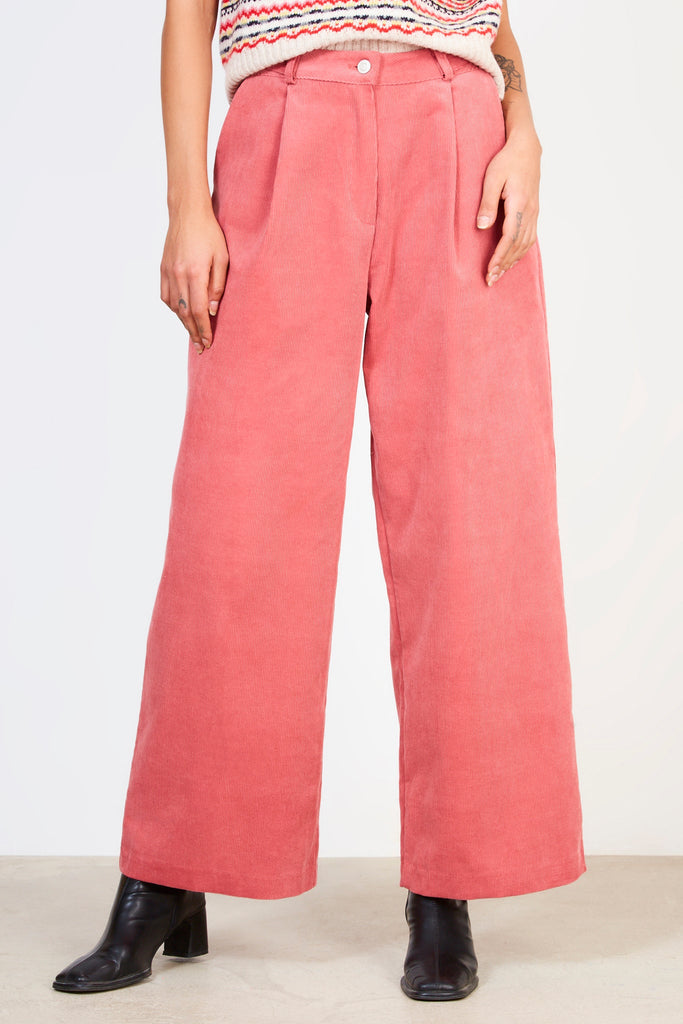Salmon pink cinch waist corduroy trousers_1