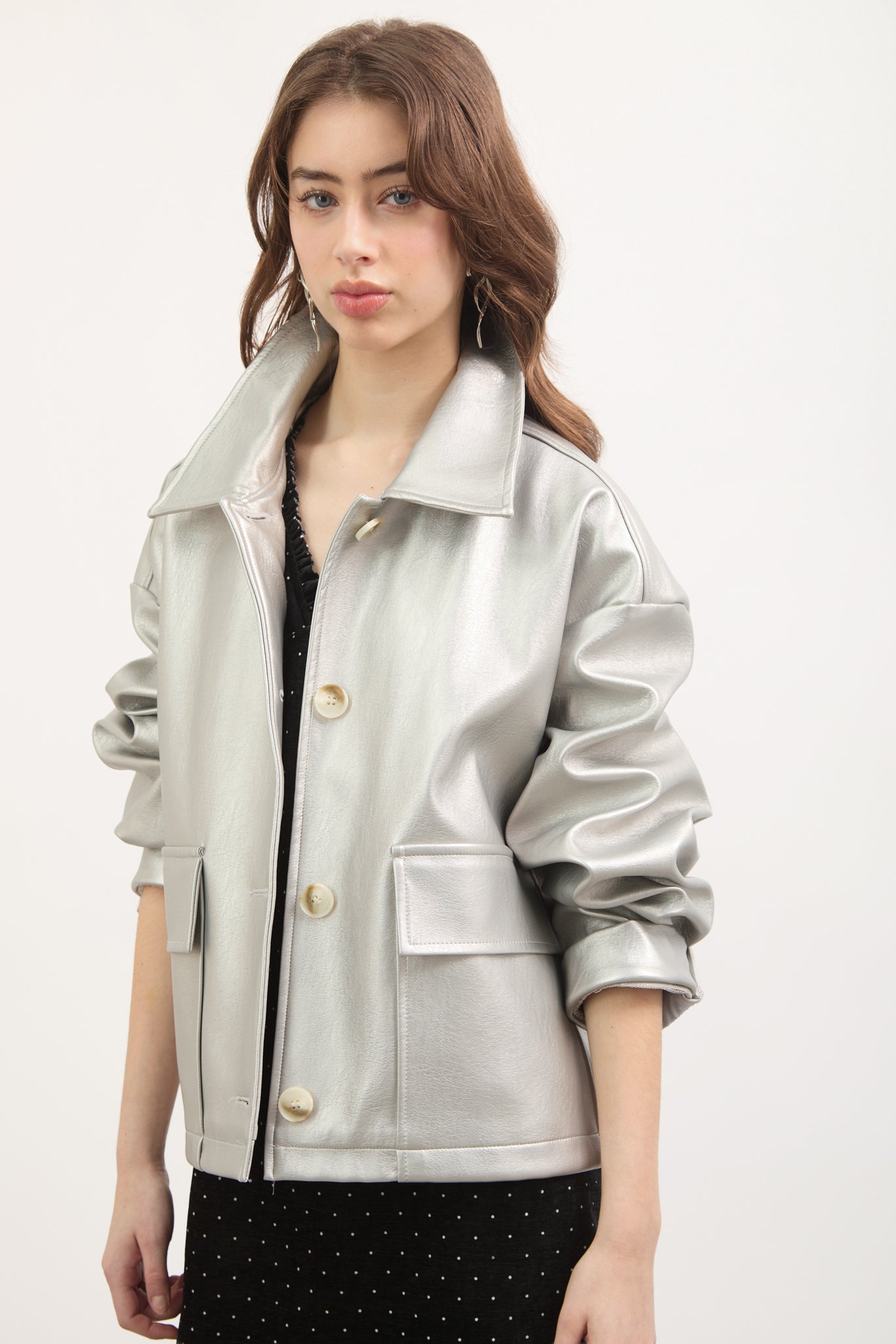 Silver vegan leather button up short jacket_2