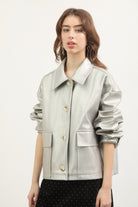 Silver vegan leather button up short jacket_1