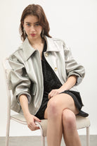 Silver vegan leather button up short jacket_5