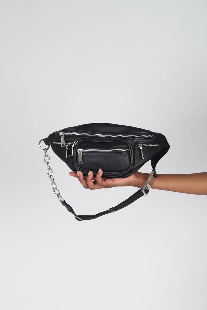 Black vegan leather silver zip bum bag_1