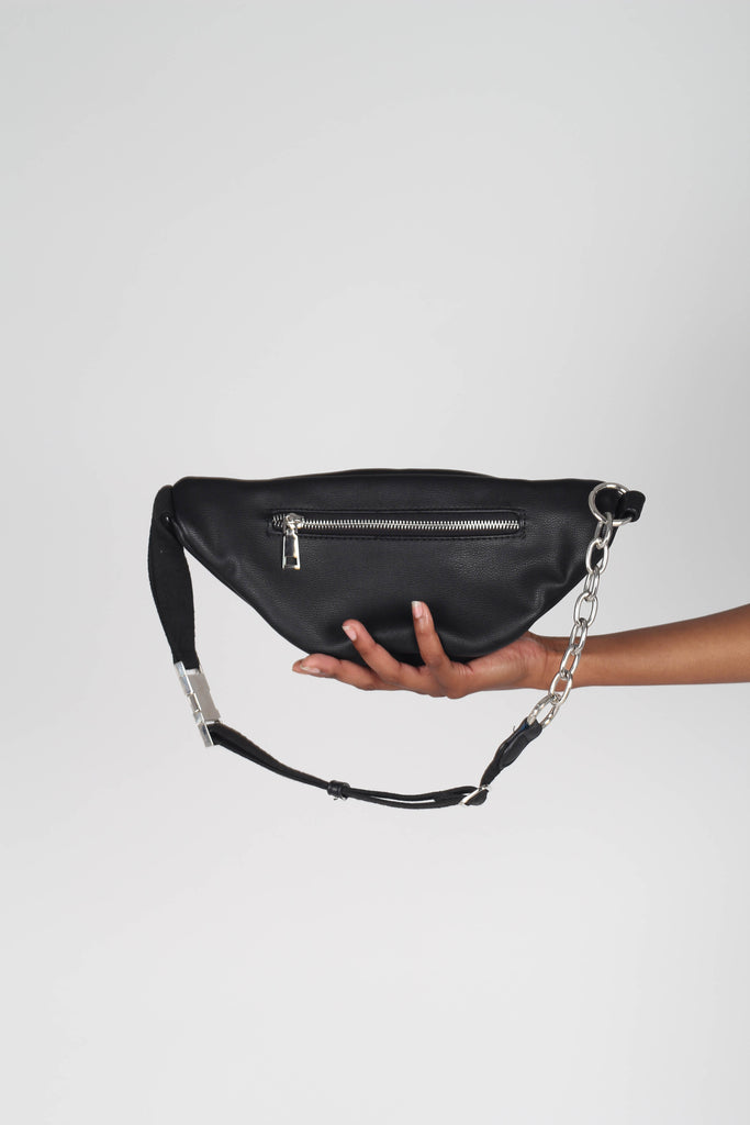 Black vegan leather silver zip bum bag_3