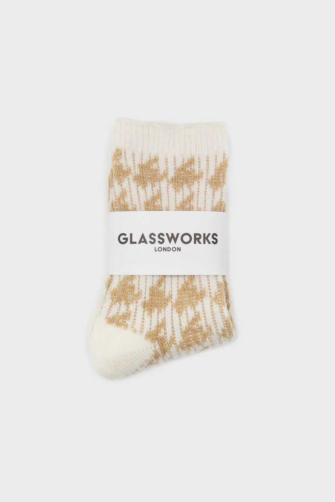 White and beige wool blend houndstooth socks_4