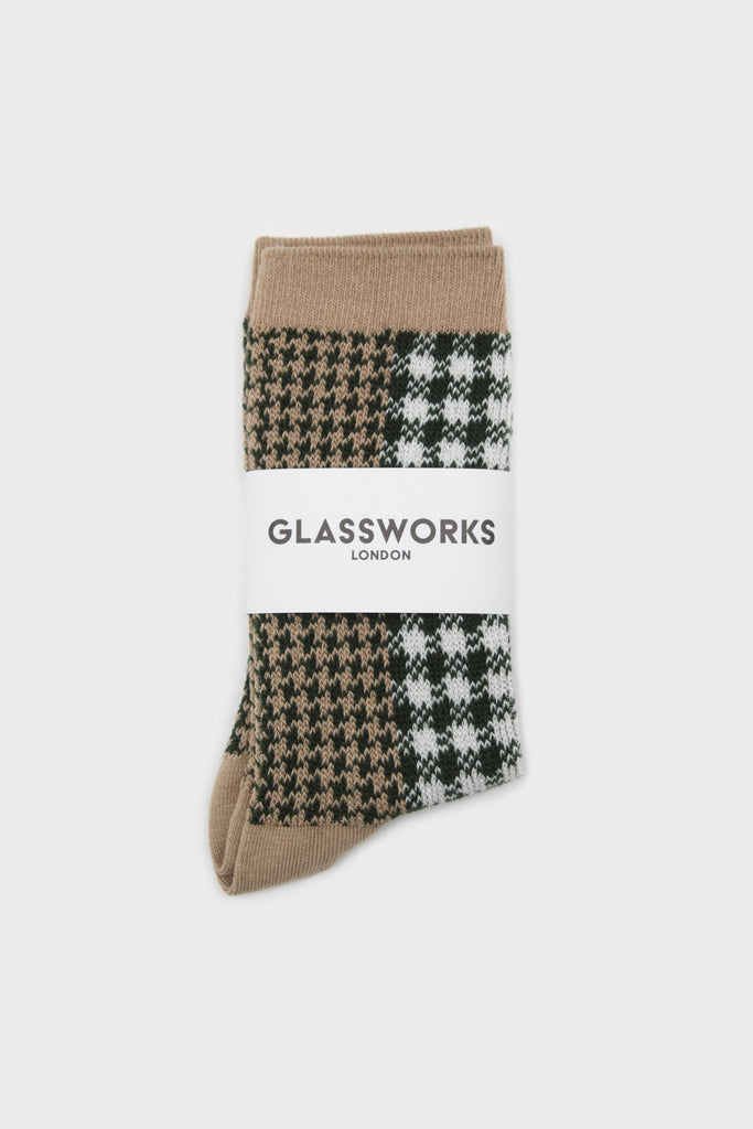 Beige and green jacquard checked socks_4