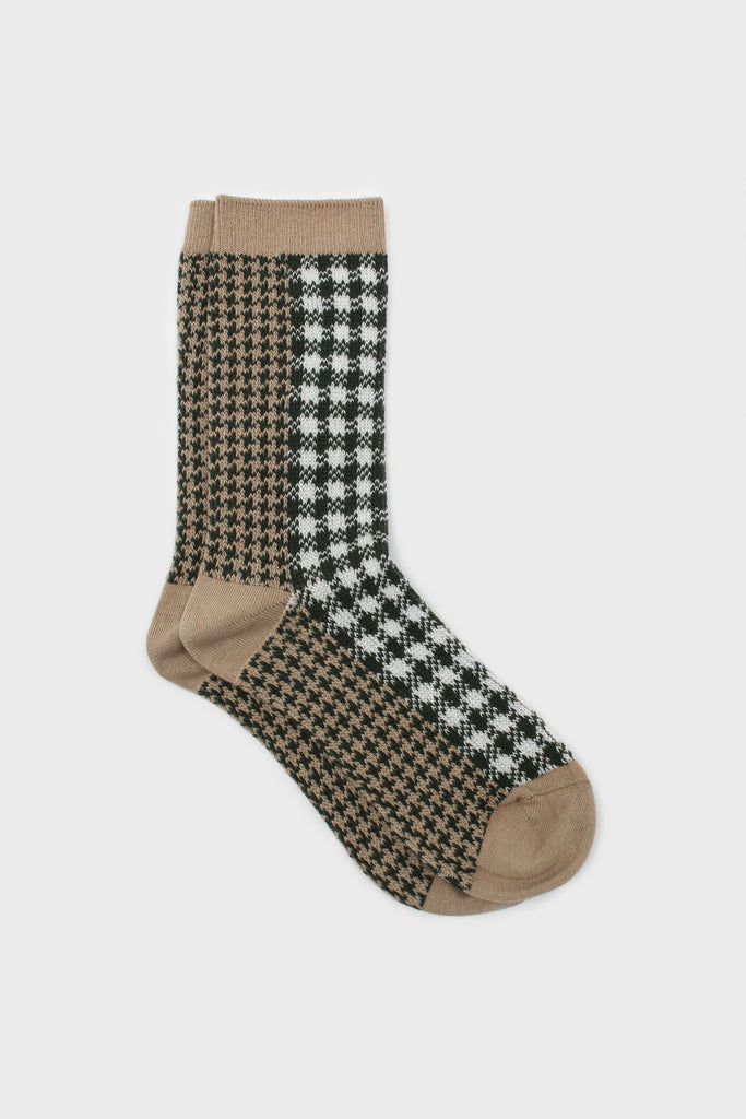 Beige and green jacquard checked socks_1