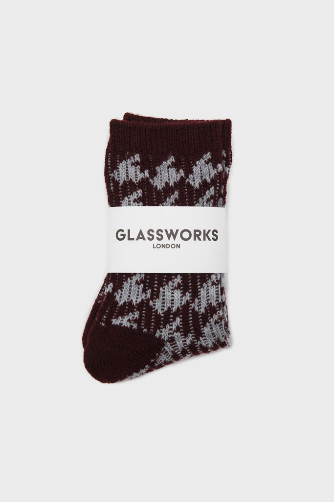 Burgundy and grey wool blend houndstooth socks_4