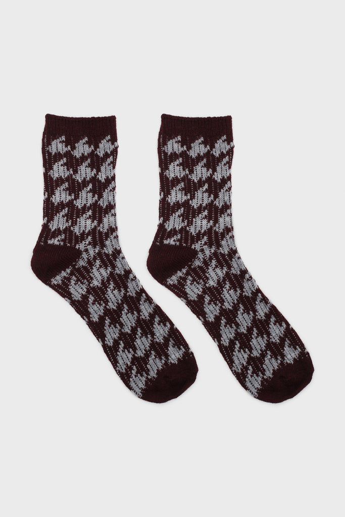 Burgundy and grey wool blend houndstooth socks_3