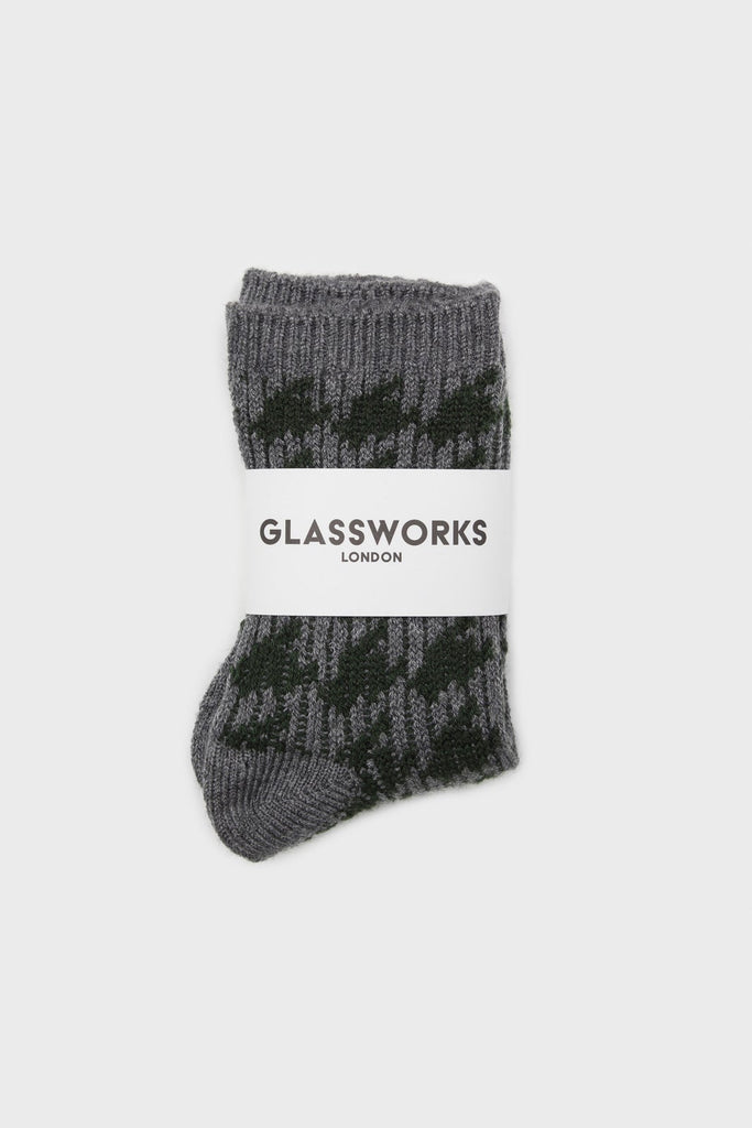 Grey and green wool blend houndstooth socks_4