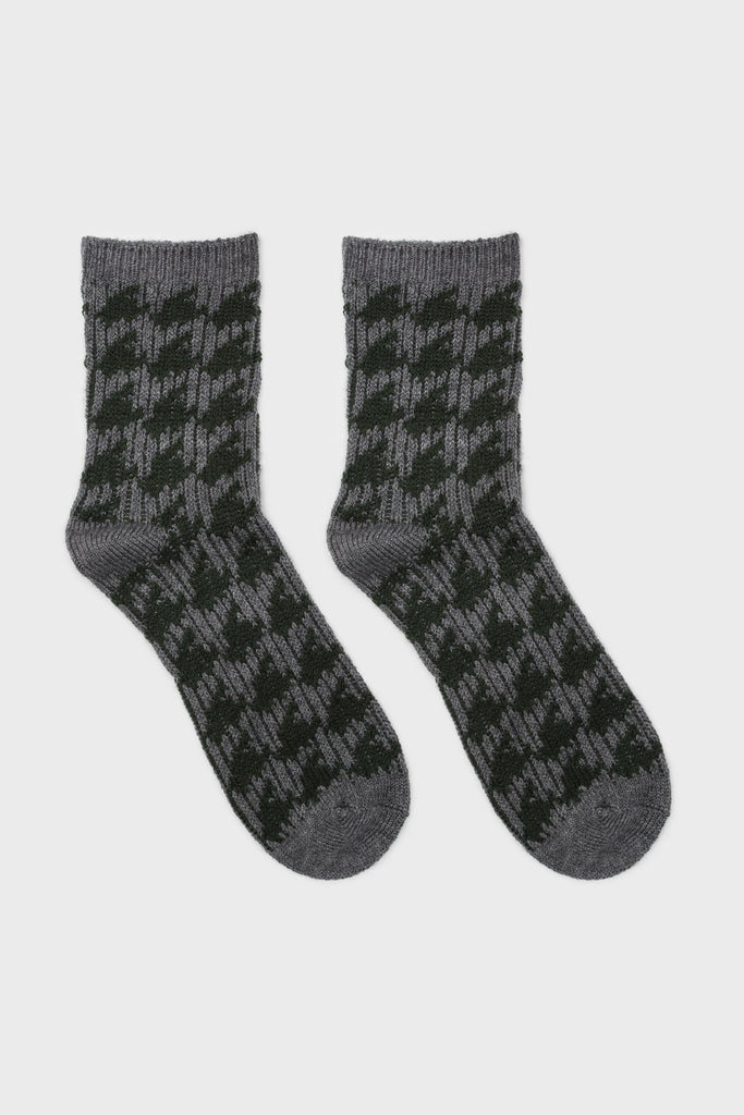 Grey and green wool blend houndstooth socks_3