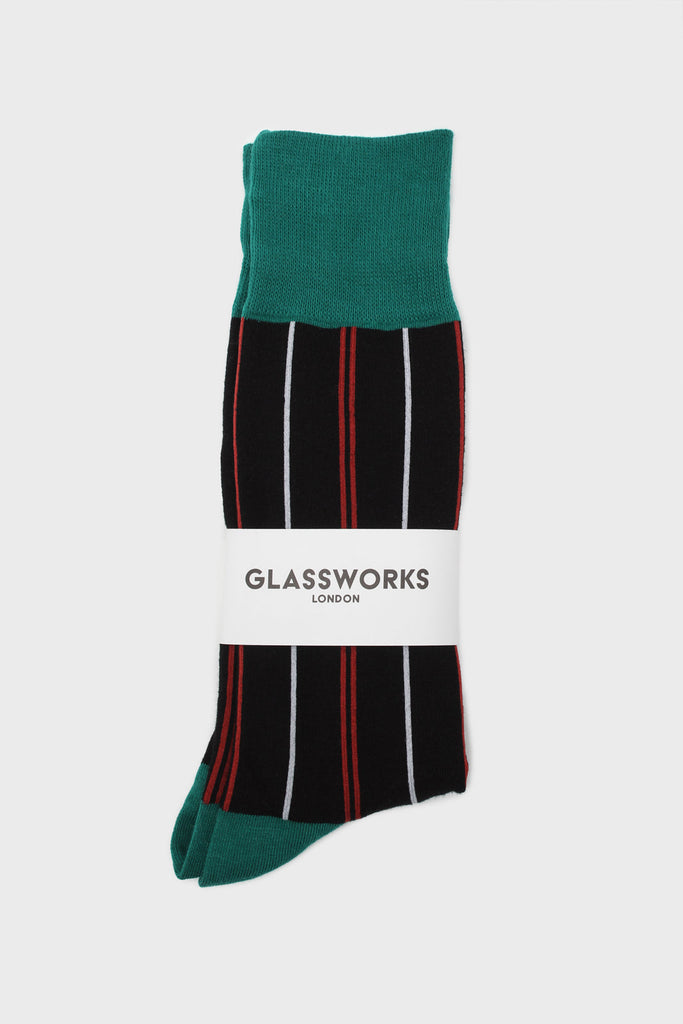Black and red striped green trim socks_4