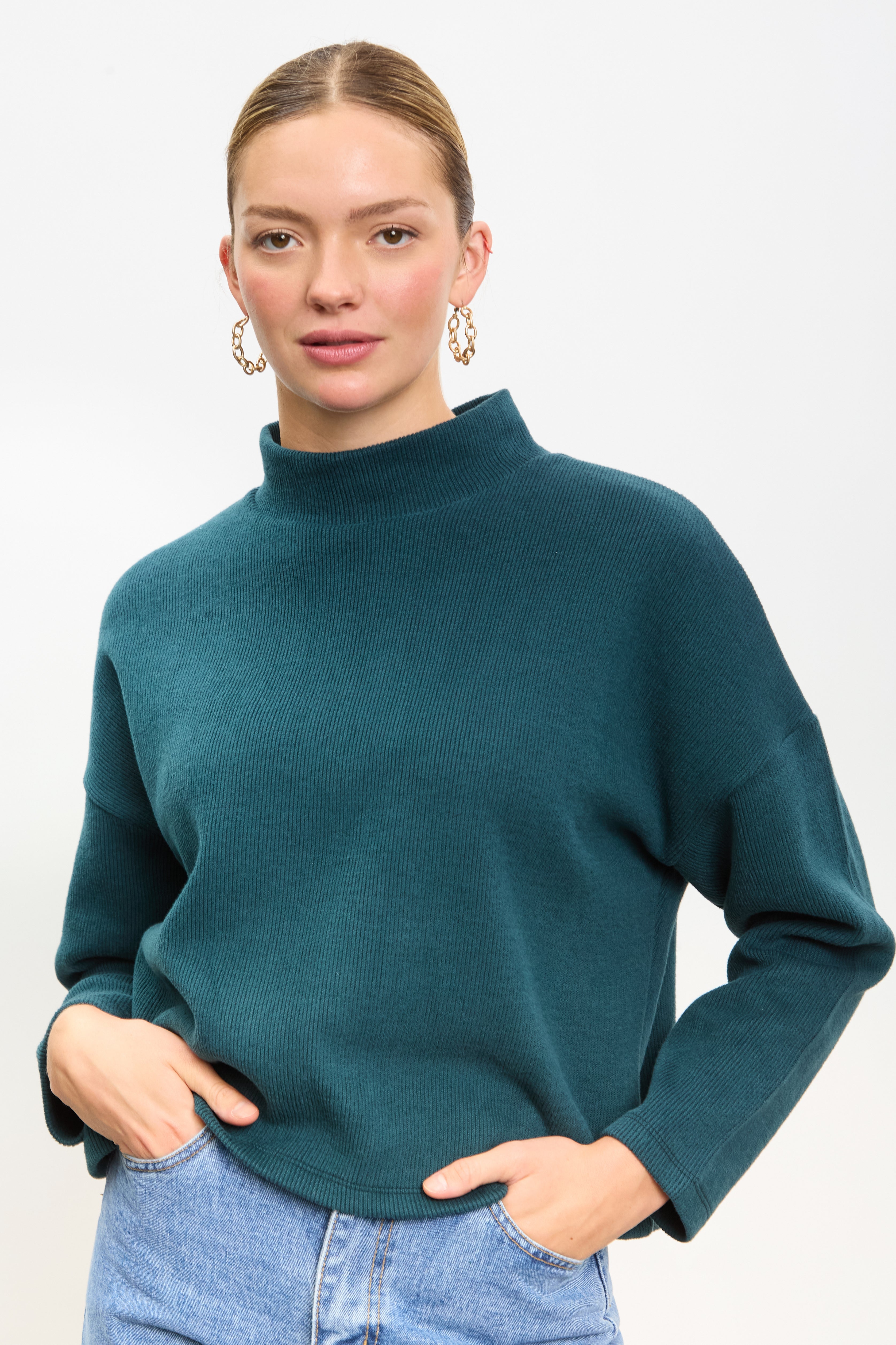 Teal micro ribbed mock neck top_1