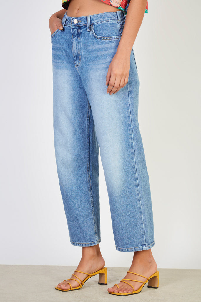 Washed blue stretch waist tapered jeans_1