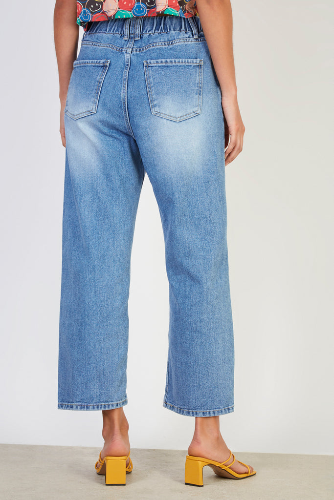 Washed blue stretch waist tapered jeans_2