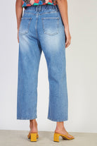 Washed blue stretch waist tapered jeans_2