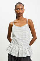 White and blue checked double layer peplum tank_1