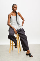 White and blue checked double layer peplum tank_5