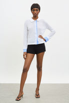 White and blue striped contrast trim button up shirt_4