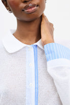 White and blue striped contrast trim button up shirt_3
