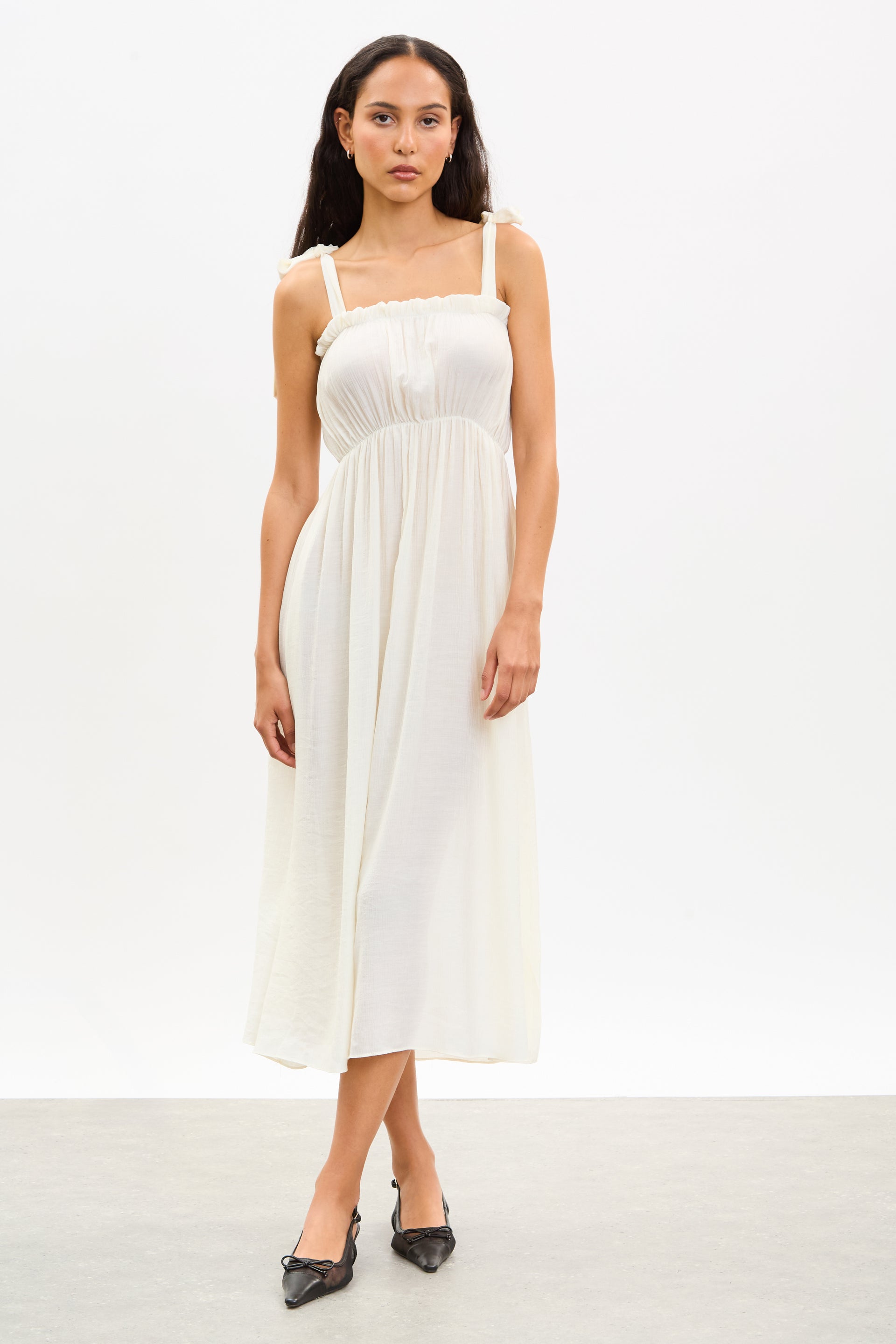 White bow tie strap midi dress