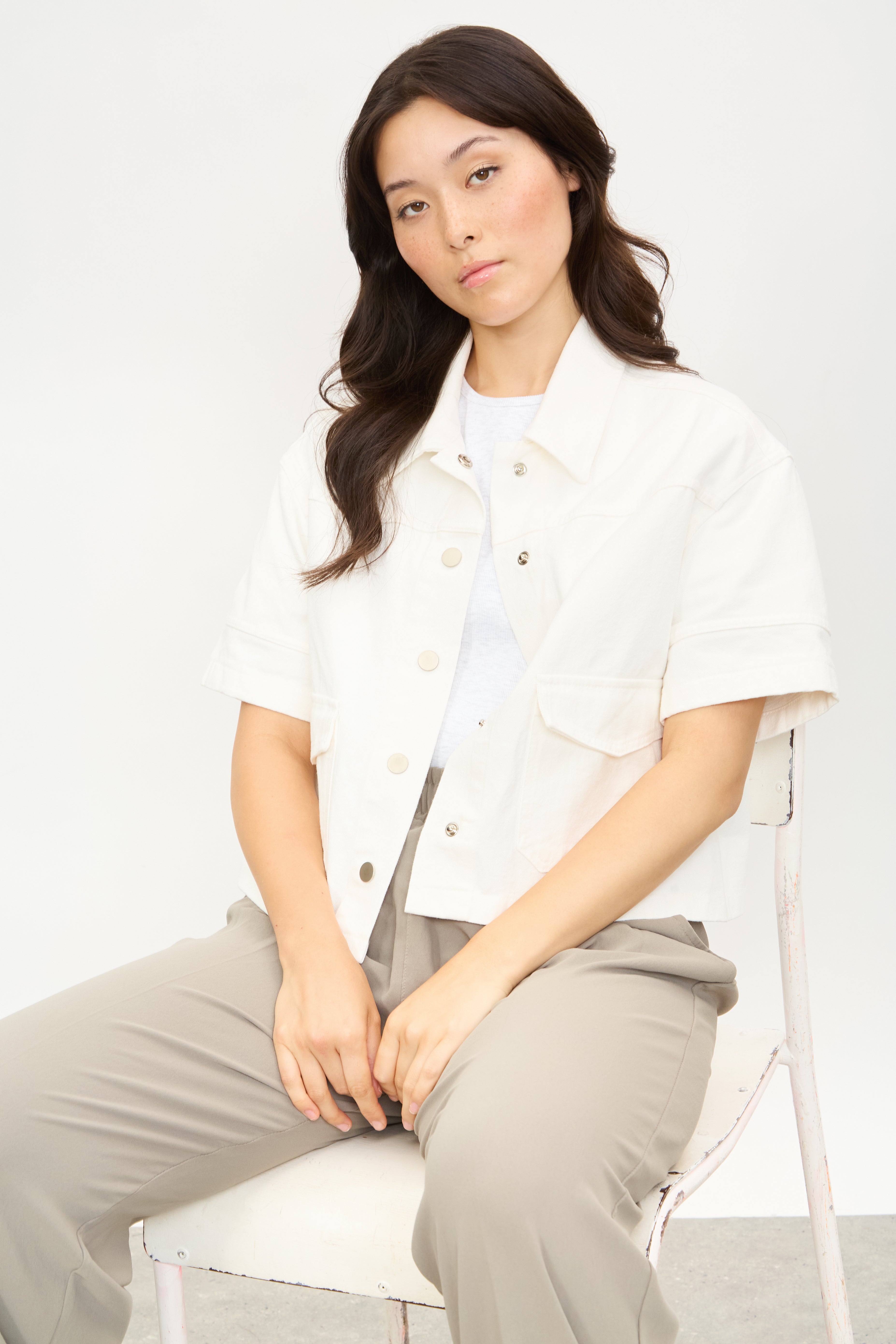 White denim short sleeve shirt jacket Glassworks London