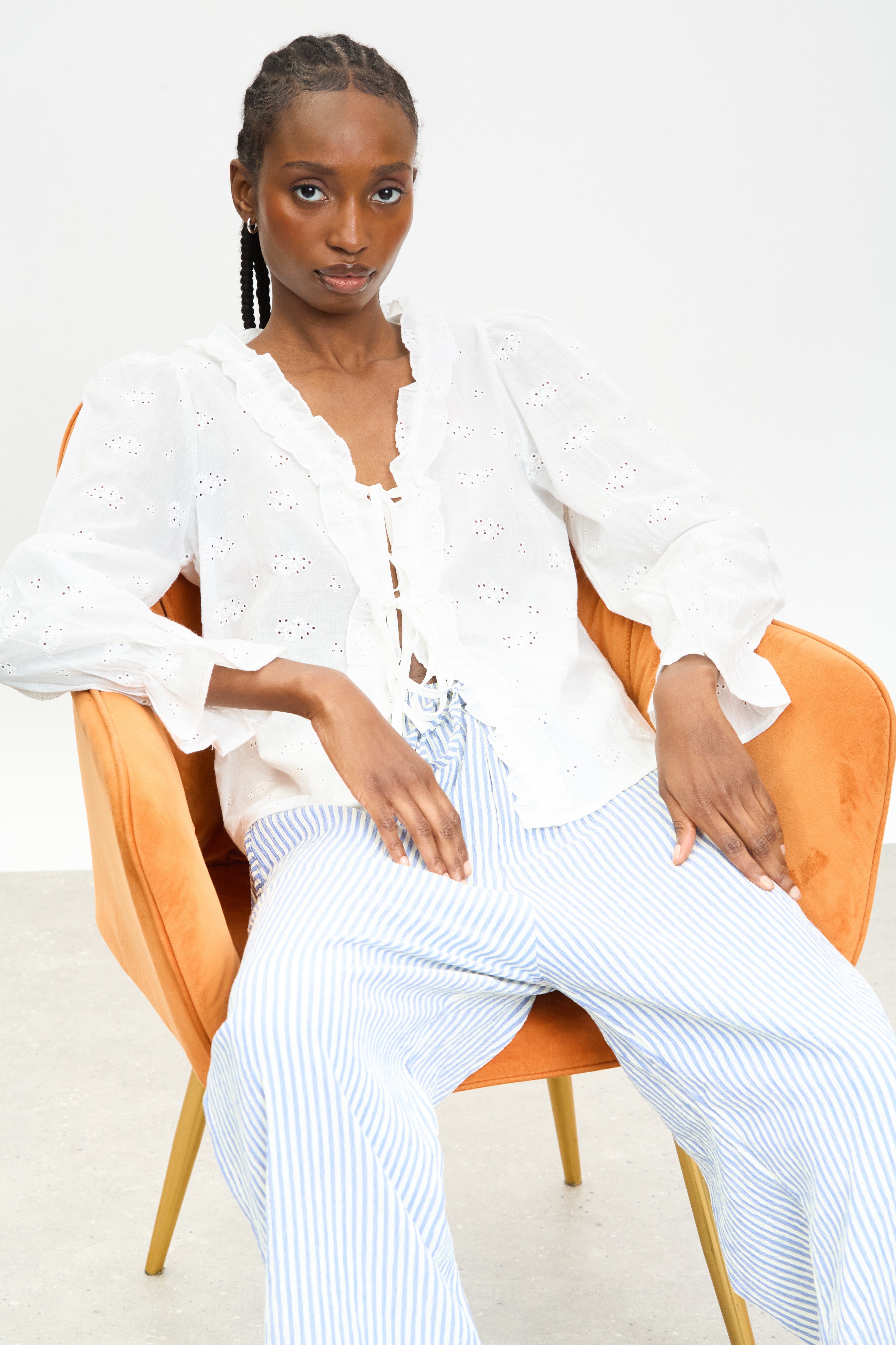 White embroidered frill trim tie front blouse | Glassworks London