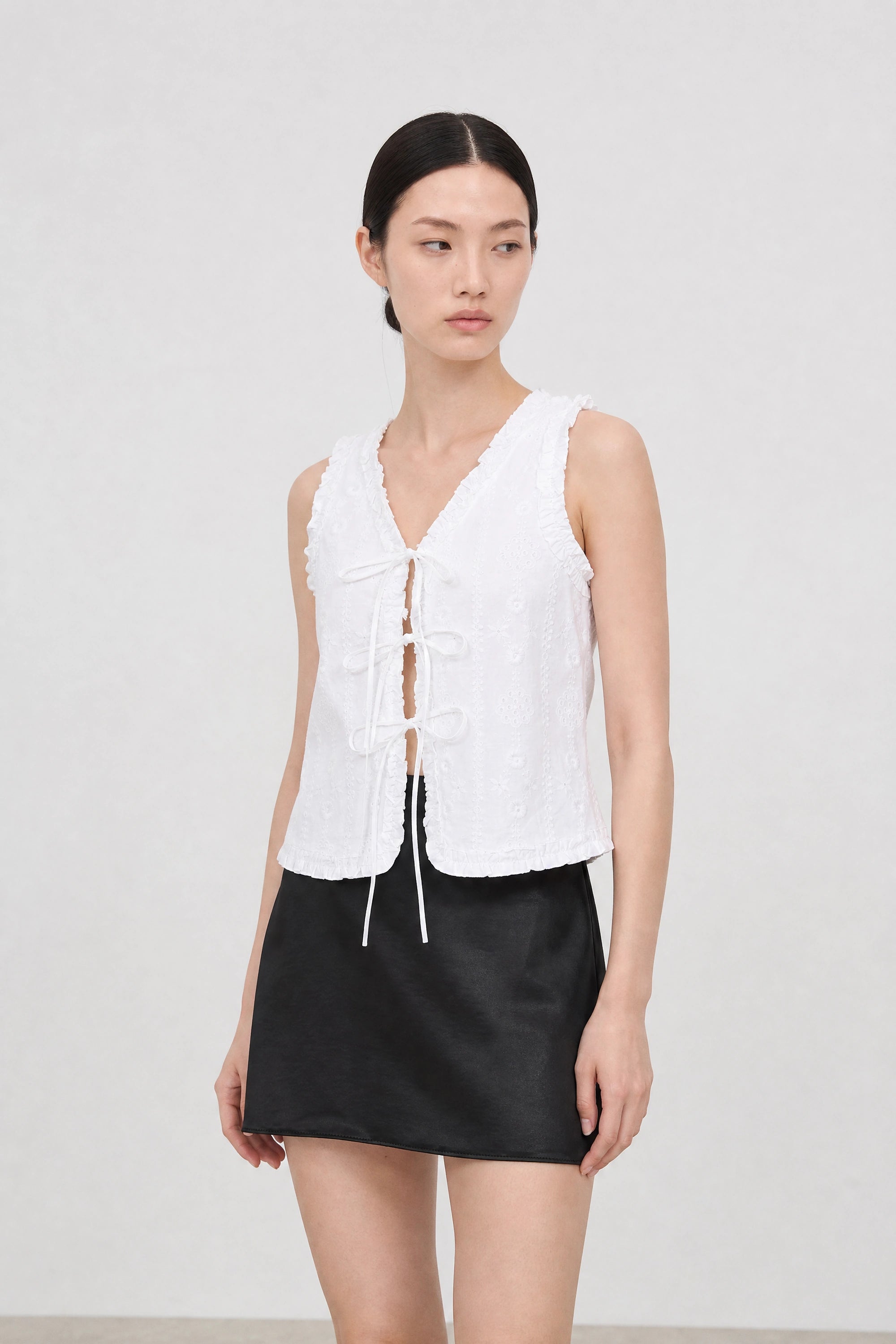 White embroidered tie front sleeveless top_1
