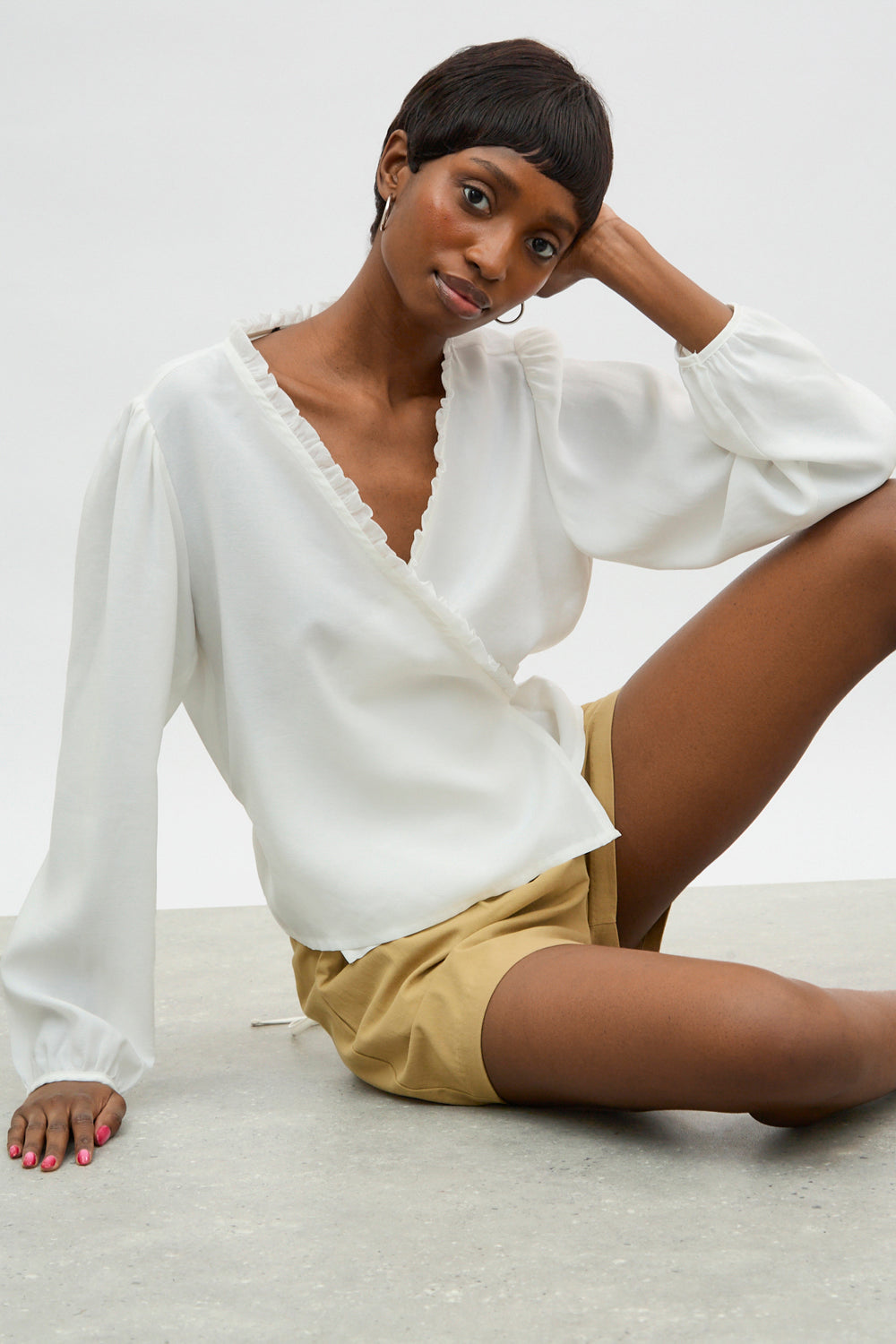 White frill trim wrap shirt blouse | Glassworks London