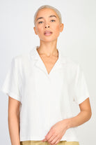 White linen blend short sleeved shirt blouse_1