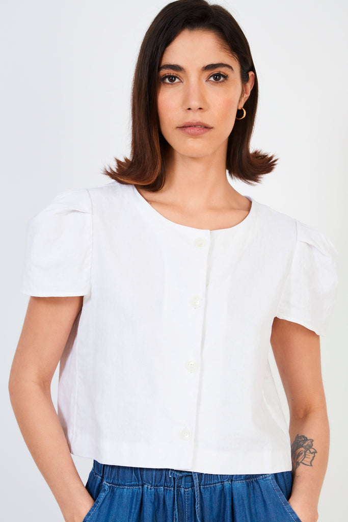 White linen blend structured sleeve blouse_2