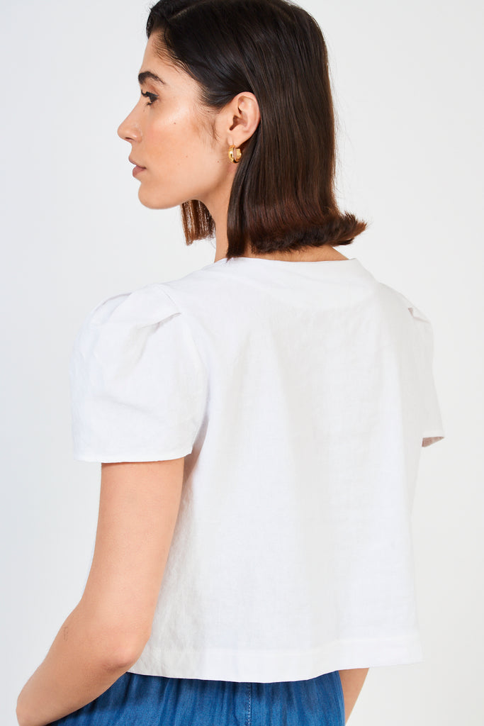White linen blend structured sleeve blouse_3