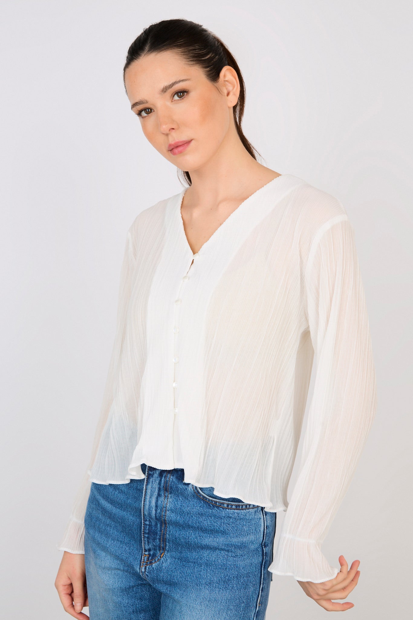 White micro rib button front blouse