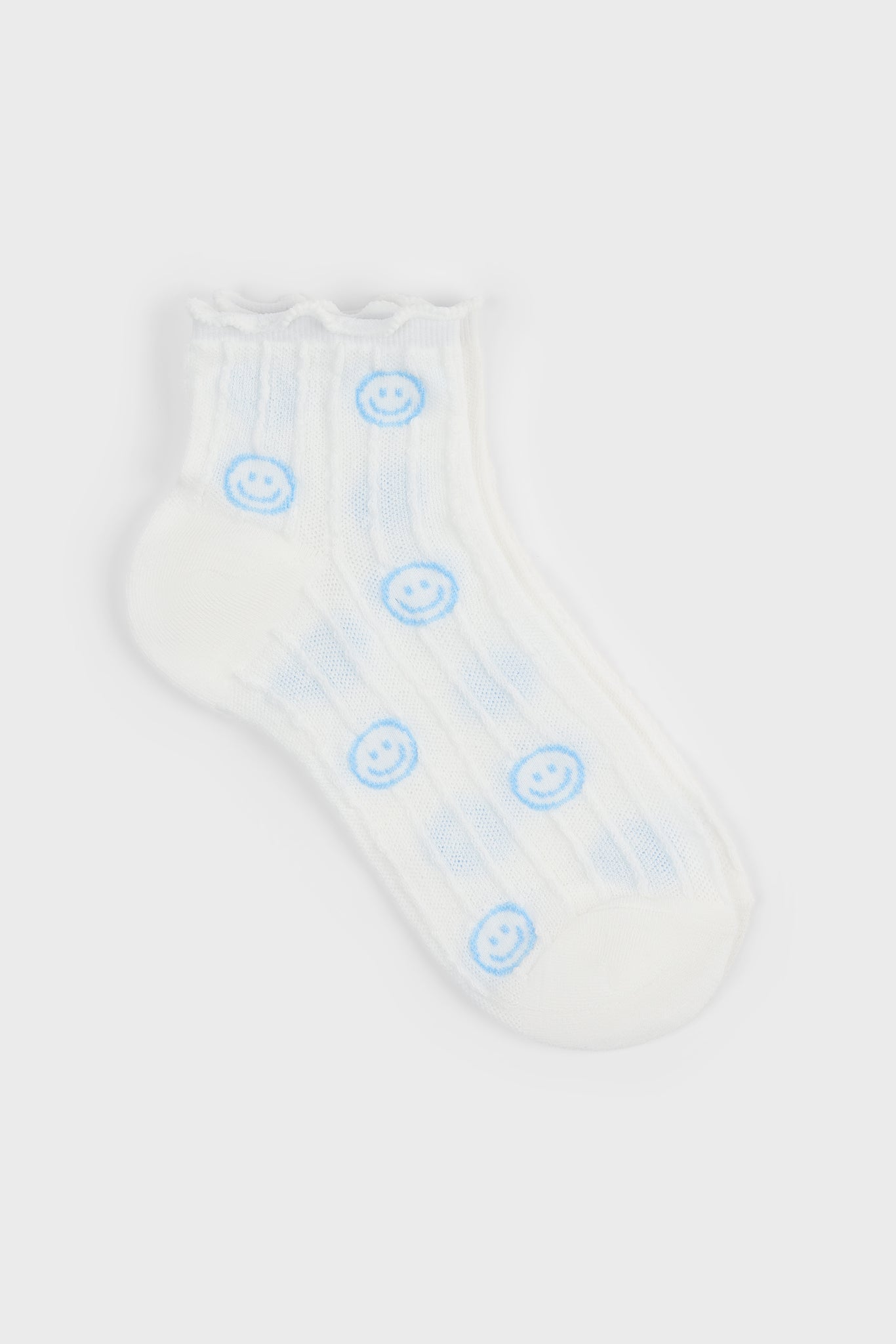 White ribbed blue smiley face ruffle trim socks_1