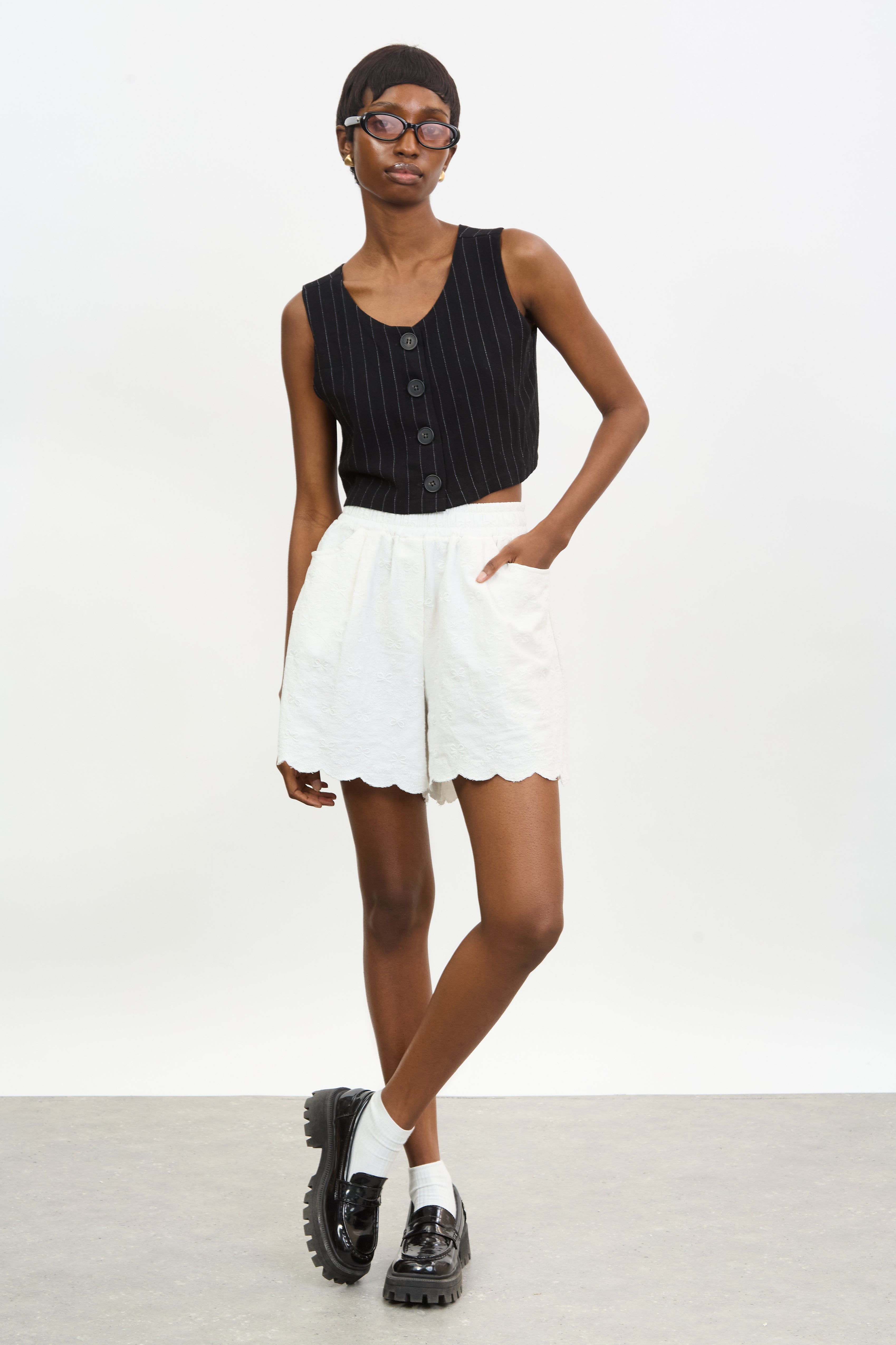 White scalloped hem shorts | Glassworks London