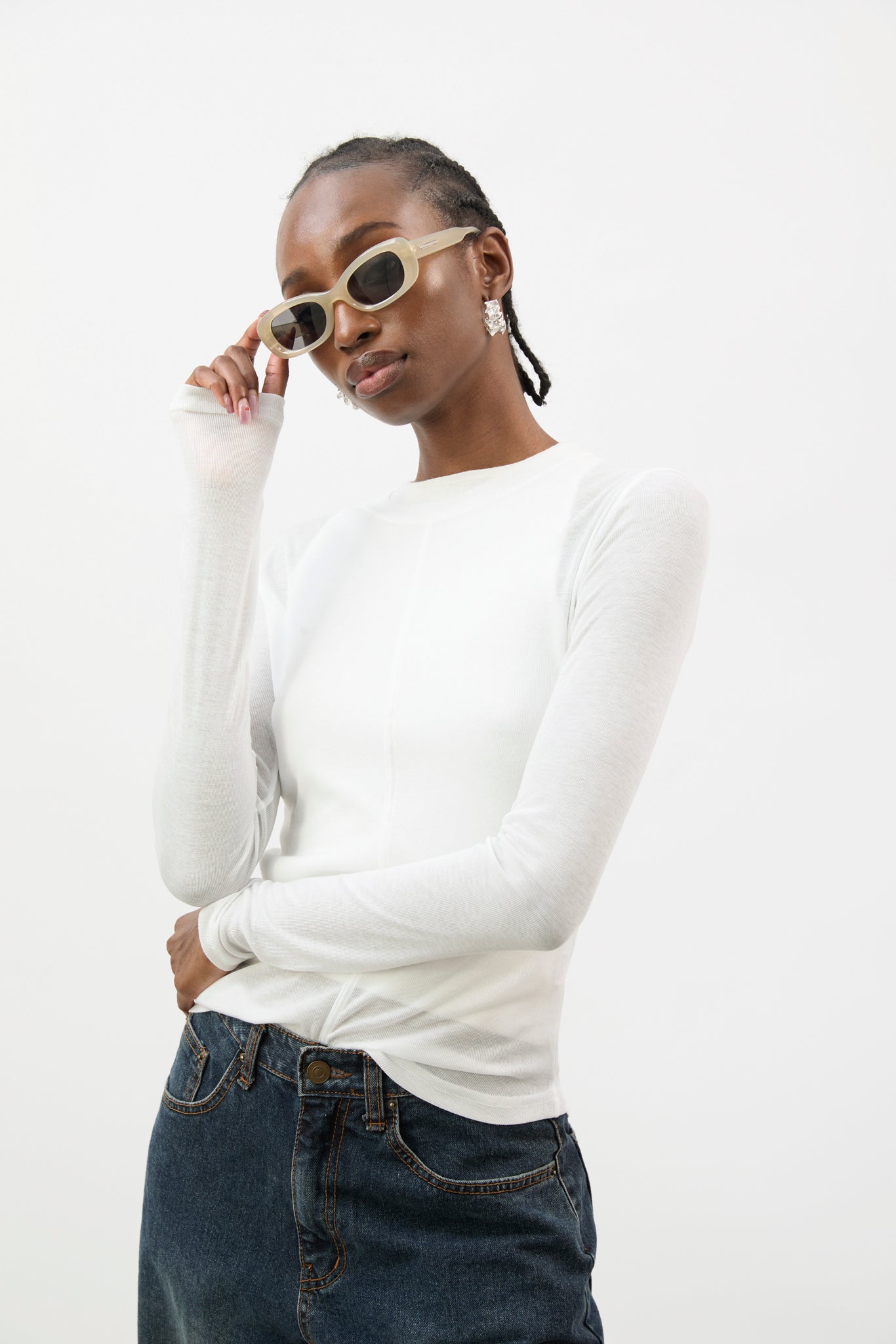 White semi sheer jersey long sleeve top_1