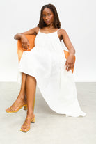 White asymmetric ruched bodice dress_5